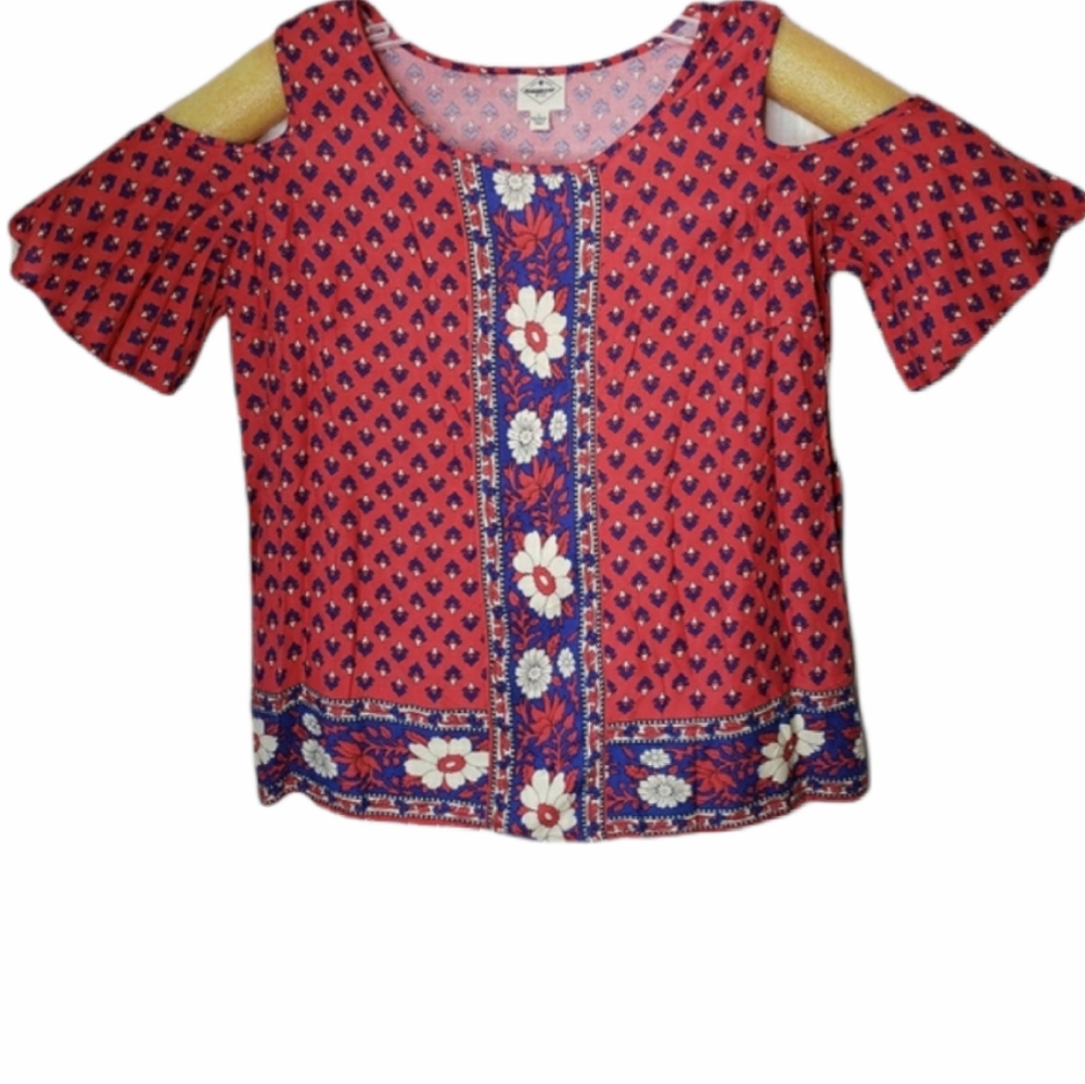 St John's Bay Women's Top Peep Shoulder Boho Floral Red Blue Size Large NWT